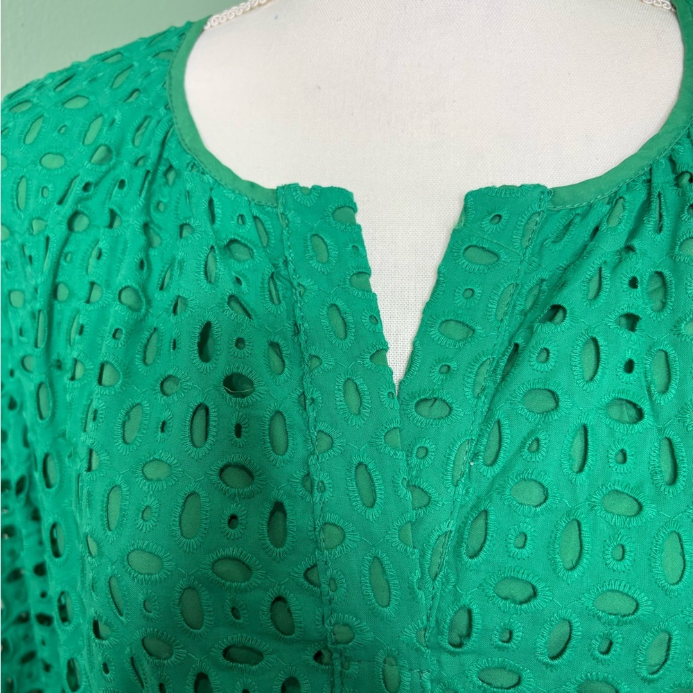 Green Long Sleeve Eyelet Dress - Women's Casual Tiered Dress - Picture 4 of 8